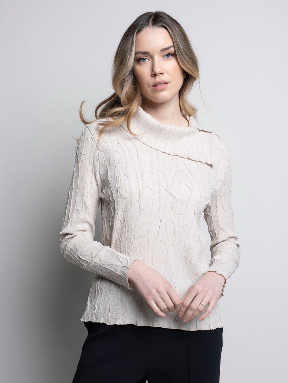 NWT Picadilly-Split Collar Embossed Top-Sesame